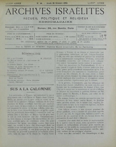 Archives israélites de France. Vol.74 N°44 (30 oct. 1913)